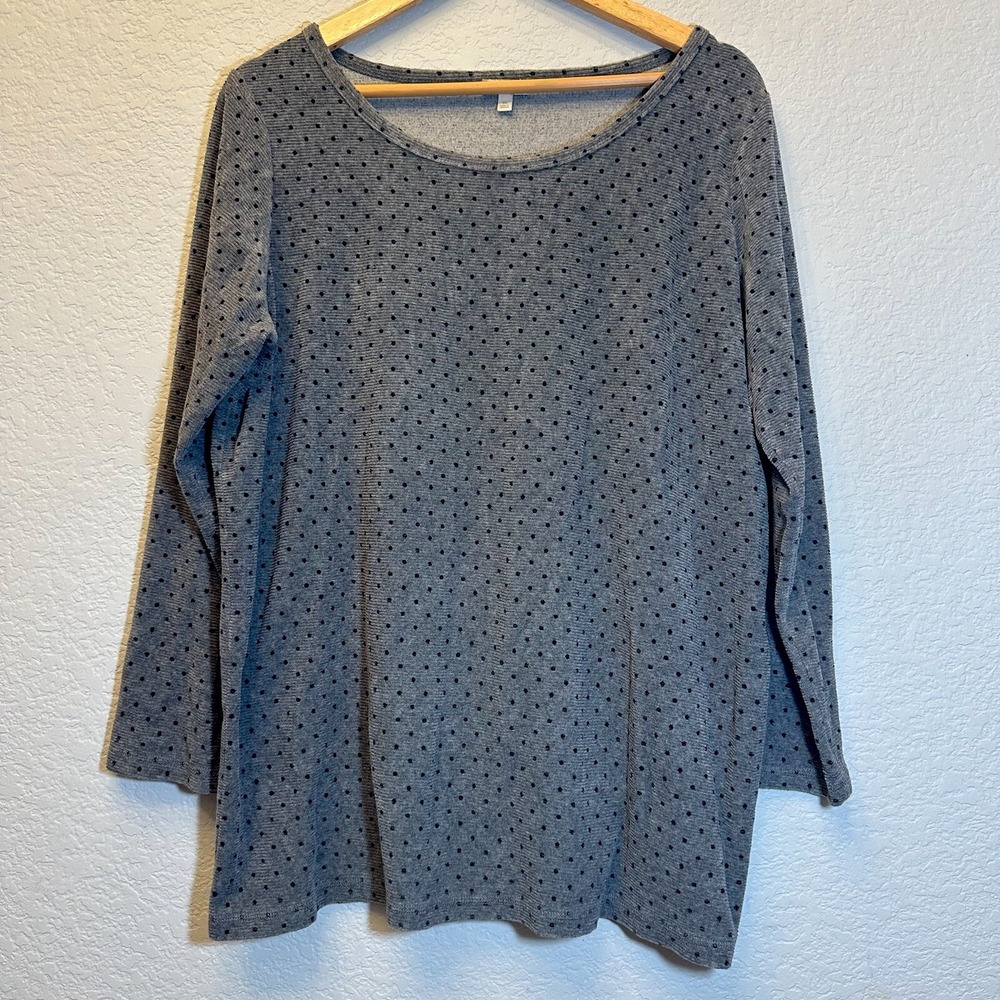 Talbots Woman Grey Polka Dot Ribbed‎ Knit Scoop Neck 3/4 Sleeve Top 1X
